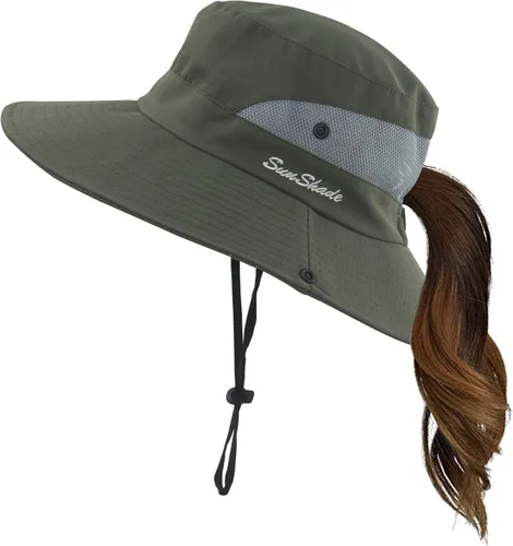 Vista 15 de Sombrero de verano para mujer, ala ancha, protección UV, plegable, para cola de caballo, para playa, pesca, senderismo Beige