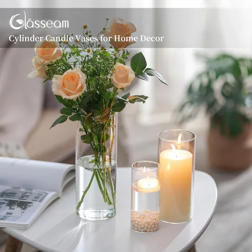 Vista 4 de Glasseam Jarrones cilíndricos transparentes para centros de mesa, juego de 6 jarrones cilíndricos de vidrio, jarrón de huracán para flores