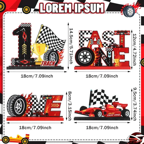Vista 6 de 4 piezas de decoración rápida de un cumpleaños para niños, auto de carreras, centros de mesa de madera de primer cumpleaños, decoración de fiesta