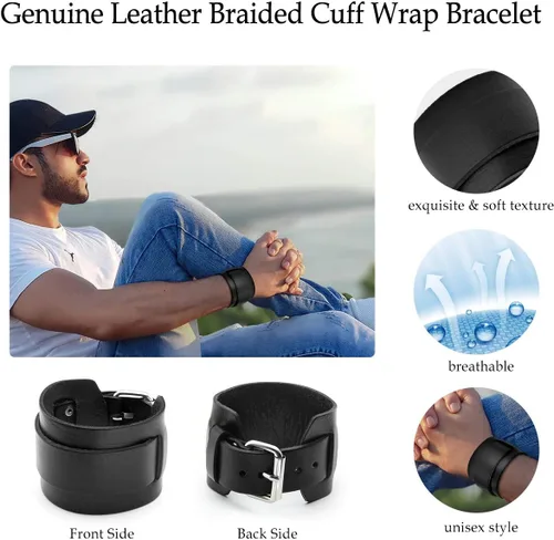 Vista 3 de Jovivi Cutom - Pulsera de cuero Punk personalizada para hombres y mujeres, color negro y marrón ancho, de cuero genuino, correa para cintura