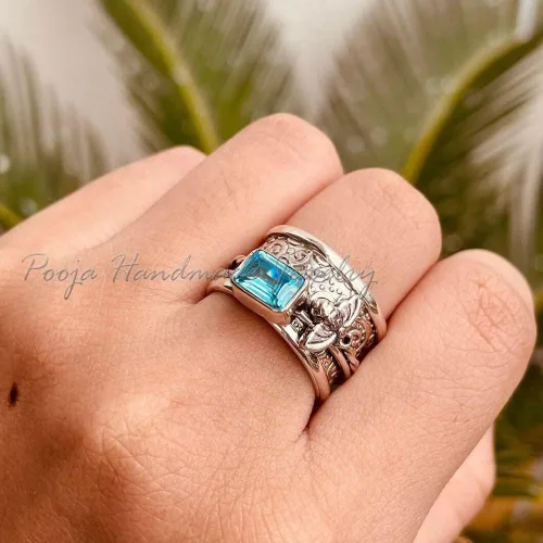 Vista 2 de Blue Topaz Spinner Ring, 925 Silver Jewelry, Handmade Ring For Women, Blue Topaz Gemstone, Fidget Spinner Ring, Unisex Spinner Ring, Tortuga Spinner