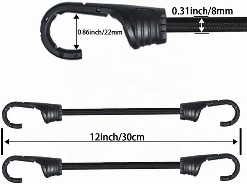 Vista 2 de Cuerdas elásticas de 12 pulgadas con ganchos, correas elásticas negras para camping, bicicleta, vagón plegable, maletero, etc.