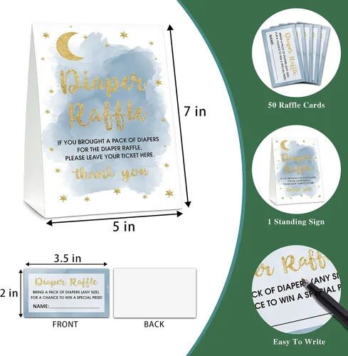 Vista 2 de Gihyan Juego de rifas de pañales para baby shower (1 letrero de pie + 50 tarjetas de búsqueda), boletos para sorteo de pañales de luna y estrellas