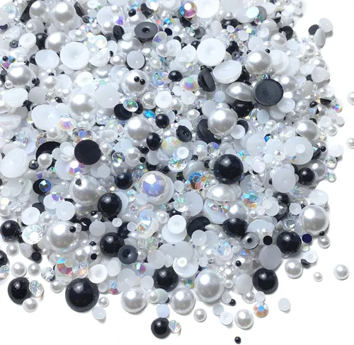 Vista 18 de Diamantes de imitación de resina mixta de 3.53 oz con parte trasera plana, perlas semicirculares, tamaños mixtos de 0.116 a 0.394 pulgadas
