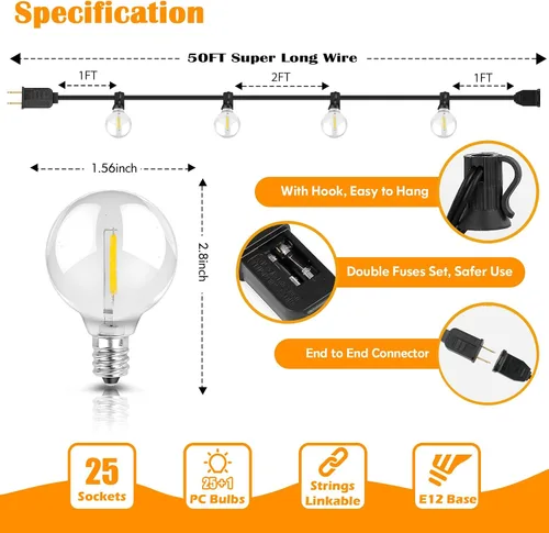 Vista 5 de Luces de Cadena LED para Exteriores de 50 Pies Impermeables, Brillantes 2700K, Luces de Cadena para Patio LED con 27 Bombillas Globo G40