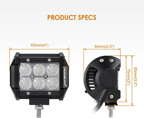 Vista 2 de Auxbeam Barra de luz LED de 4 pulgadas, 18 W, 18 W, haz de inundación, luz de conducción todoterreno para SUV, ATV, UTV, camiones, camionetas