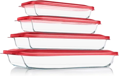 Vista 9 de KOMUEE Juego de 8 platos de vidrio para hornear con tapas rectangulares de vidrio con tapas sin BPA, moldes para hornear para lasaña, sobras