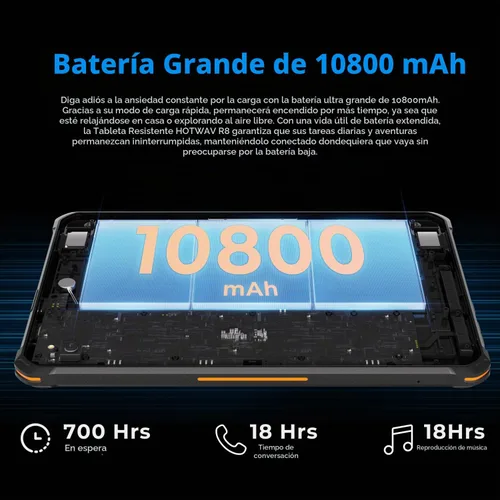 Vista 3 de HOTWAV R8 Tablet impermeable Android 14, tableta resistente de 10.1 pulgadas HD+, 10800 mAh, 12 GB + 128 GB/TF 1 TB, 13 MP+5 MP Cámara Tabletas