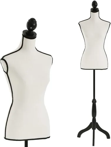 Vista 8 de Dkeli Maniquí de torso con base de trípode de madera, apto para clavar alfileres, para vestido de mujer, con altura ajustable de 60 a 67 pulgadas