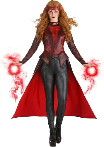 Vista 2 de Marvel - Disfraz oficial de la bruja escarlata para adultos, parte superior impresa de primera calidad con tren, pantalones y tocado de tela
