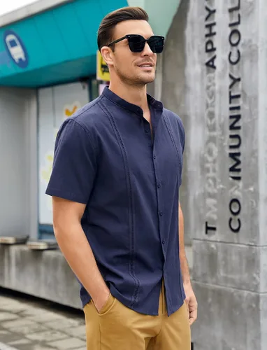 Vista 2 de Ryannology Guayabera - Camisas de lino de manga corta con botones para hombre, estilo casual, playa, campamento cubano, camisa mexicana para hombre