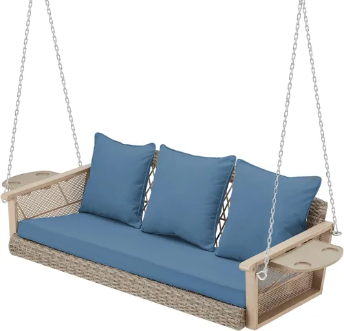 Vista 12 de HOMREST Columpio de mimbre para porche para 3 personas con portavasos mejorado, silla colgante de 56 pulgadas con cojines, columpio al aire libre