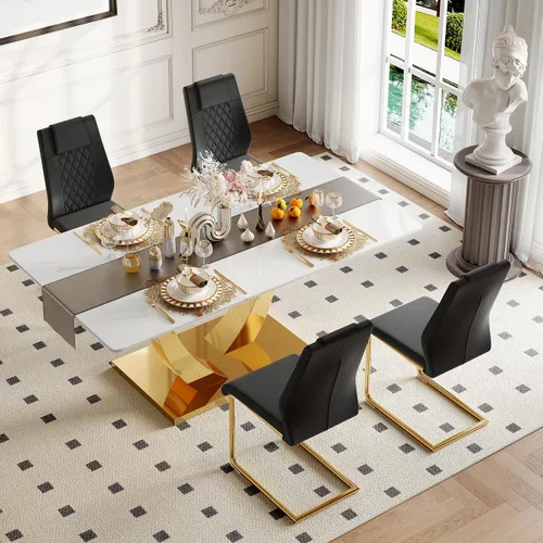 Vista 39 de Juego de mesa de comedor para 4, mesa de comedor de mármol sintético de 63 pulgadas con patas y base de acero inoxidable, sillas acolchadas