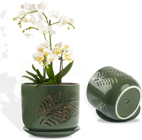 Vista 2 de 3 macetas de orquídeas de cerámica, macetas de orquídeas de 6+5 pulgadas con agujeros, macetas de orquídeas para trasplantar, maceta de riego