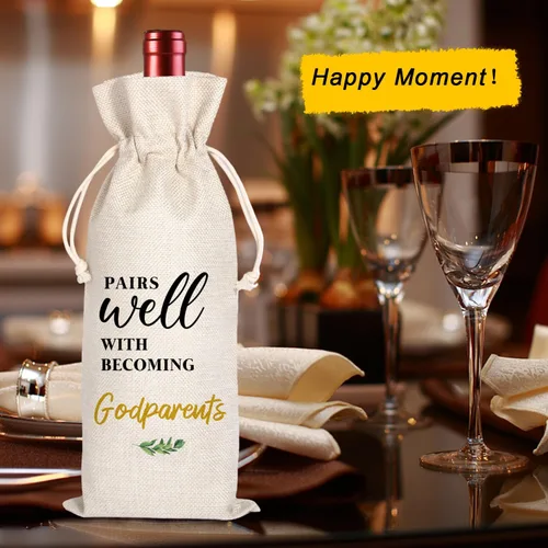 Vista 5 de Regalo de propuesta de padrinos, bolsas de vino, se adapta a botellas estándar de 25.4 fl oz, cierre de cordón, unisex, beige, algodón, rústico