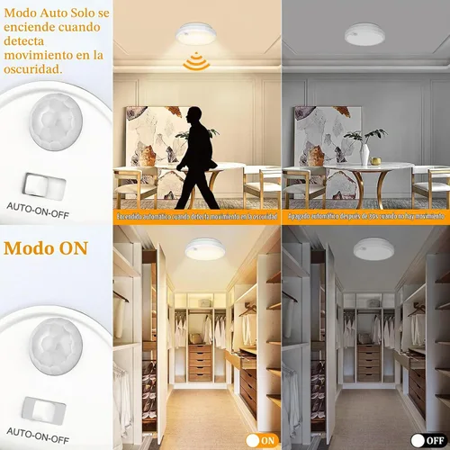 Vista 2 de Paquete de 2 luces de techo LED con sensor de movimiento operadas por batería para interiores, lámpara de montaje empotrado inalámbrica regulable