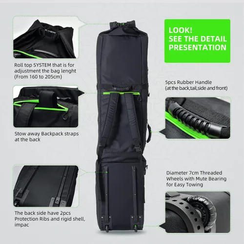Vista 3 de XCMAN Bolsa de snowboard con ruedas, longitud ajustable, extra larga/ancha/profunda, impermeable, con varillas de protección 140L