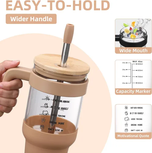Vista 5 de Chunmo Vaso de vidrio de 40 onzas con 2 tapas, tapa de popote de bambú y tapa de popote 2 en 1, taza de café helado con asa, botella de agua de Ámbar