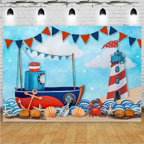 Vista 2 de Fondos de fotografía náutica de verano para tartas marineras, veleros, faros, decoración de cumpleaños, para niños, recién nacidos, primer
