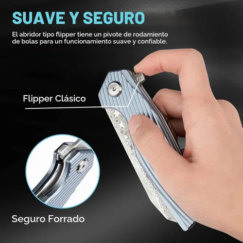 Vista 5 de Zingbee Cuchillo de bolsillo de Damasco de 3.46 pulgadas con clip, mango antideslizante azul DMXQ 1-azul