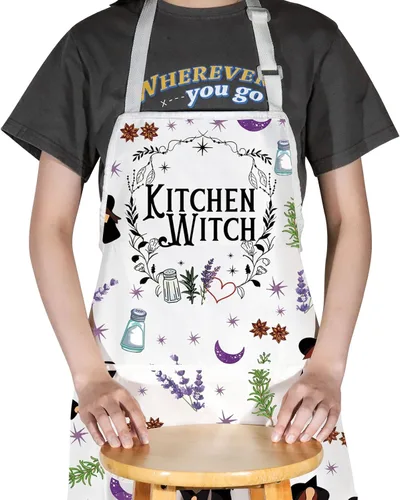 Vista 5 de JNIAP Delantal de cocina de brujas Sal Romero Lavanda Regalos de Amor Delantal de Brujería Magia Regalos Góticos Brujas Delantal