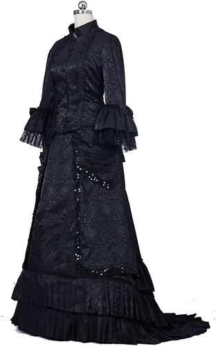 Vista 2 de Black Victorian Bustle Dress Gown Halloween Costume Steampunk Victorian Gothic Cosplay Costume