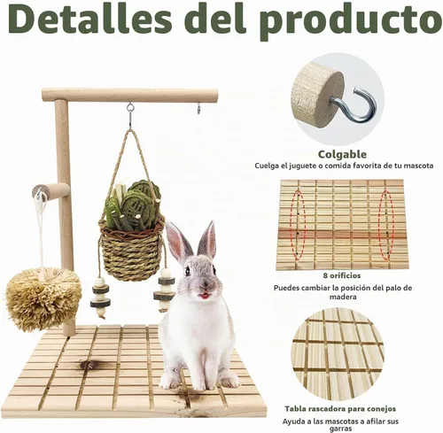 Vista 5 de kathson Juguetes masticables para conejos para moler dientes, tablero de rascado de madera para conejos con almohadillas para las patas, plataforma