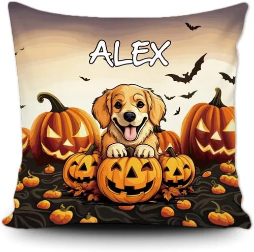 Vista 13 de Funda de almohada personalizada de Halloween, diseño de calabaza, lindo cachorro, funda decorativa de lona para sofá, 16 x 16 pulgadas, estampado