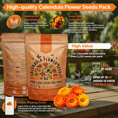 Vista 2 de Paquete de semillas de caléndula 1 oz - Más de 3,250 semillas de caléndula criollas sin OMG para plantar en jardinería interior y exterior, semillas