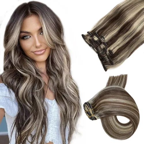 Vista 28 de Extensiones de cabello con clip Ubetta de cabello humano real, extensiones de cabello negro azabache con clip, 7 piezas, 70 g, extensiones