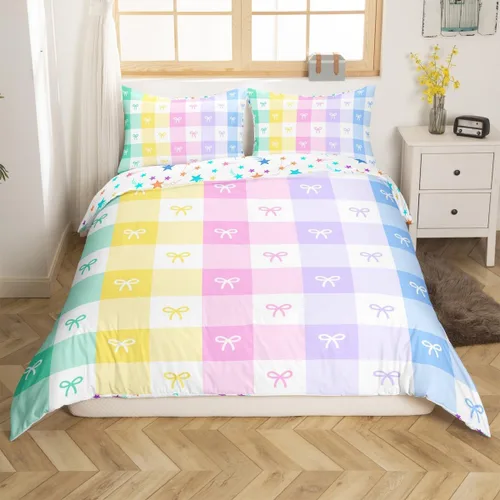 Vista 15 de Juego de funda de edredón con lazo de dibujos animados para niñas, tamaño individual, juegos de ropa de cama de princesa con lazo para niños, 2 Azul