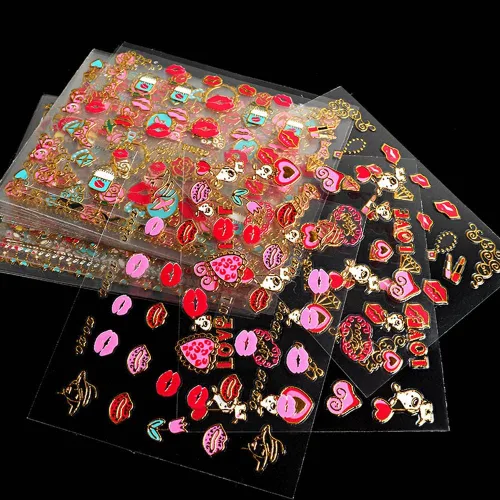 Vista 3 de 30 hojas de calcomanías de uñas para el día de San Valentín, diseño de flores, corazón, pastel de frutas, serie de labios rojos, suministros de arte
