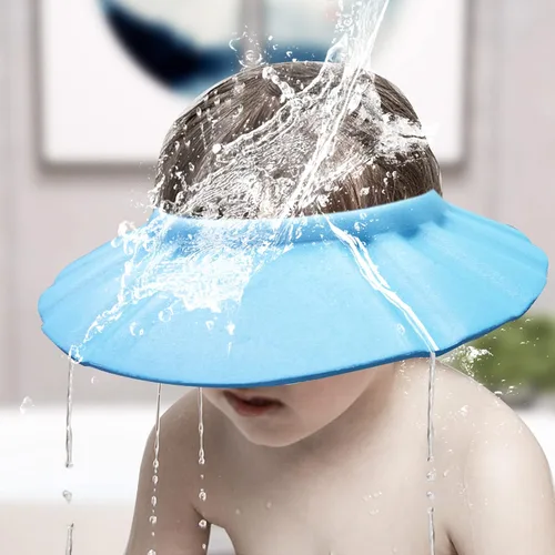 Vista 4 de Gorro de ducha suave y ajustable para bebé - Visera para la cabeza para lavar el cabello, protección para el baño - Gorro de baño para niños Azul
