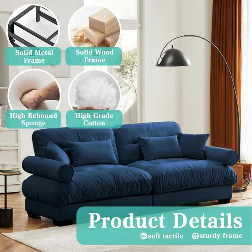 Vista 5 de SoarFlash Moderno sofá reclinable de terciopelo para sala de estar, sofá biplaza para apartamento, sofá de almacenamiento con marco de madera Azul