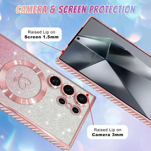 Vista 614 de Bonoma - Funda compatible con Samsung Galaxy S21 Plus, diseño de corazón con purpurina, color rosa Support for MagSafe, Plating Magnetic Case TPU