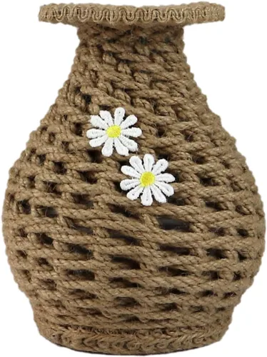 Vista 4 de Florero de cuerda de cáñamo rústico hecho a mano, jarrón rústico de cuerda de cáñamo tejida a mano para decoración del hogar de campo, decoración