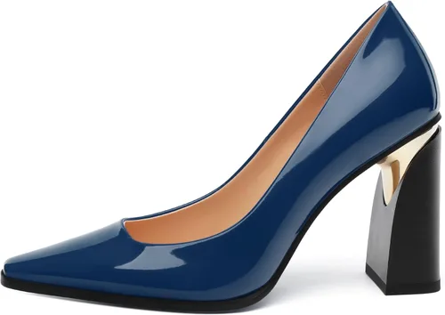Vista 4 de Tacones altos para mujer, zapatos de vestir de tacón grueso con puntera cuadrada cerrada de patente, tacones elegantes, zapatos de vestir diarios