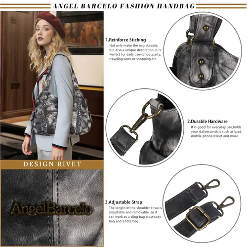 Vista 4 de Angel Barcelo - Bolsa de hombro amplia para mujer, diseño Hobo, cuero lavado
