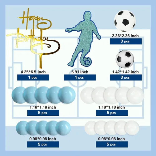 Vista 2 de 28 piezas de decoración de pastel de fútbol para niños, decoración de cupcakes deportivos con bolas azules y blancas y mini pelotas de fútbol