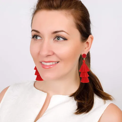 Vista 5 de Aretes con Borla en Capas, Aretes con Diseño Escalonado y Linear, Aretes de Gota de Moda y Tendencia