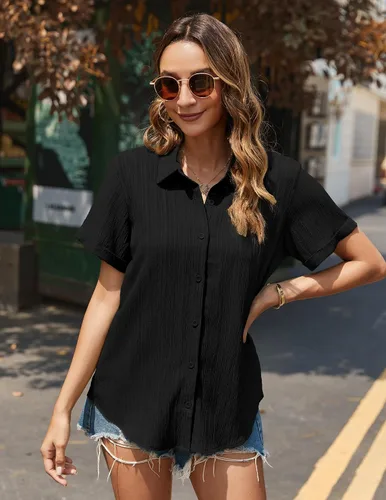 Vista 4 de HOTOUCH Camisa de vestir de manga corta con botones para mujer, cuello en V, con botones, para verano, con textura, para el trabajo