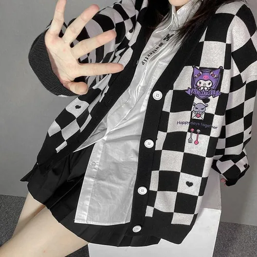 Vista 2 de Suéter kawaii de anime a cuadros, cárdigan para mujer, disfraz de cosplay, cuello en V, manga larga