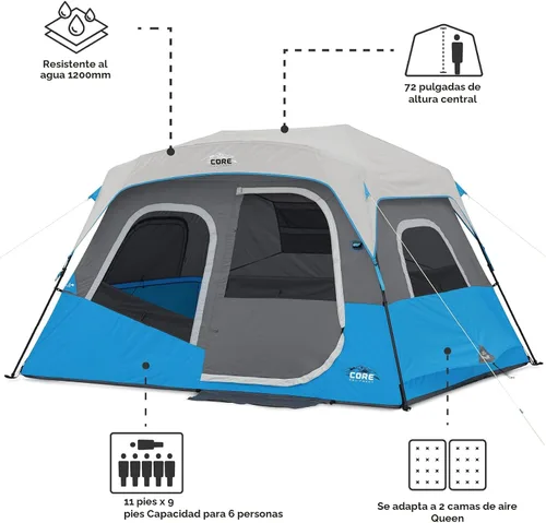 Vista 4 de CORE Instant Cabin Tents with LED Lights Family Multi Room Lighted Pop Up Tents for Camping Included Storage Pockets for Camping Accessories