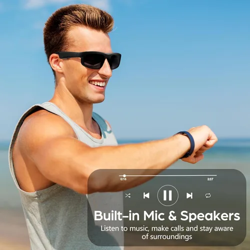 Vista 6 de Lentes inteligentes, lentes de sol polarizados Bluetooth con micrófono y altavoces integrados, oreja abierta, asistente de voz, protección UV