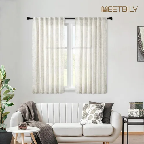 Vista 6 de Cortinas texturizadas de lino corto natural de 45 pulgadas de largo para cocina, baño, ventanas, juego de 2 paneles con pestaña trasera, cortinas
