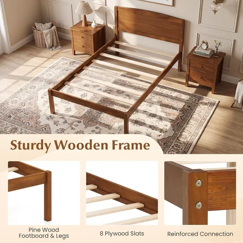 Vista 5 de GIANTEX Twin Size Wooden Bed Frame with Curved Headboard, Wood Slat Support