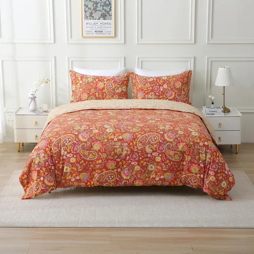 Vista 19 de ABREEZE Juego de ropa de cama de 3 piezas, estilo bohemio, retro, étnico, vintage, floral, ropa de cama bohemia, 100% algodón cepillado, damasco