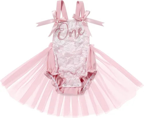 Vista 2 de ODASDO Conjunto de ropa de 2 piezas para bebé niña para primer cumpleaños con encaje y tutú de tul con diadema, conjunto de ropa de 2 piezas