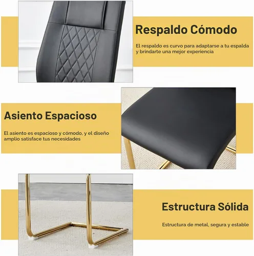 Vista 6 de Juego de Mesa de Comedor de Mármol para 4, Mesa Rectangular Negra de 63 Pulgadas con Marco de Metal Dorado en Forma de X y 4 Sillas de Comedor
