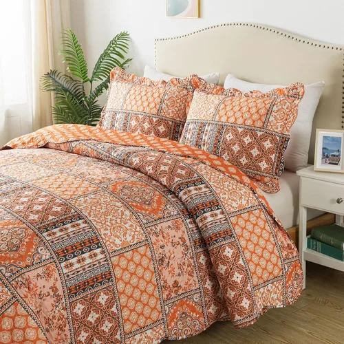 Vista 37 de Juego de cama de dos piezas, tamaño individual, de microfibra, reversible, de retazos, estilo floral, todas las estaciones, patrón de porcelana azul
